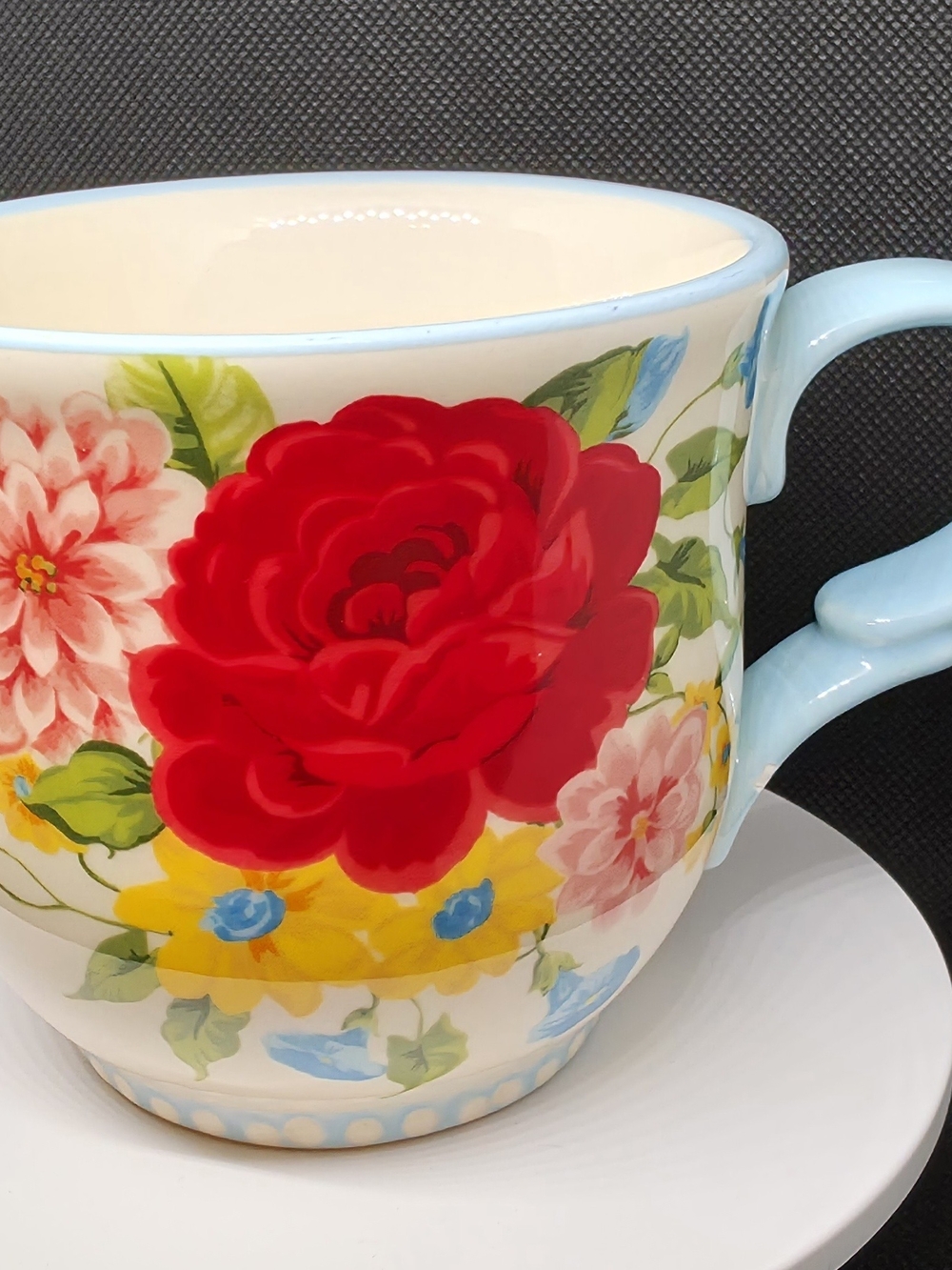 Ceramic Floral Teacup with Blue Handle - Cream/Red/Yellow - Picture 2 of 9